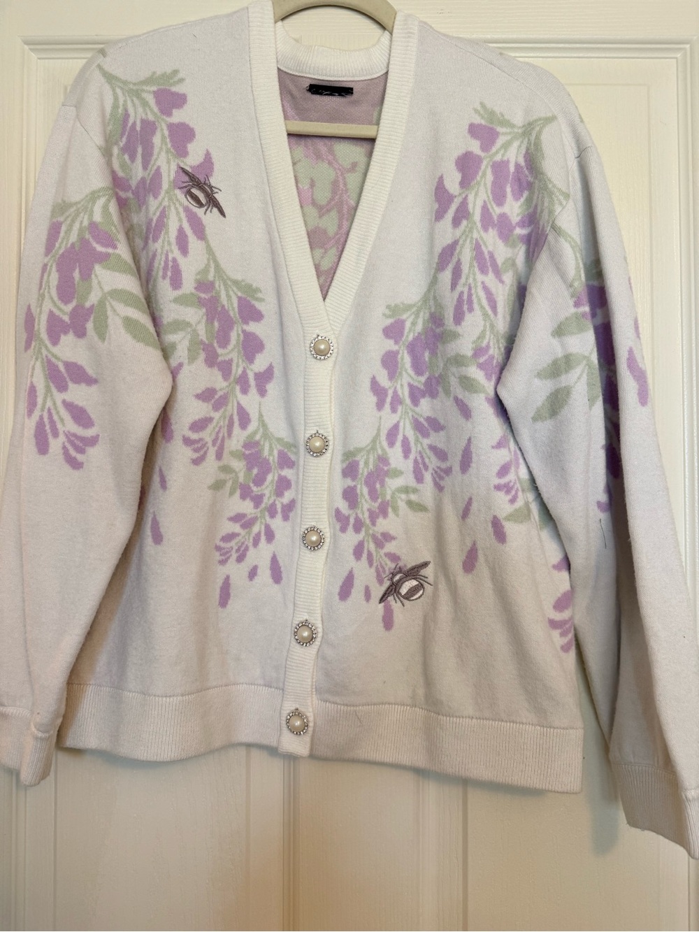 Bridgerton Women’s Cream Cardigan Sweater with Lavender Floral Print